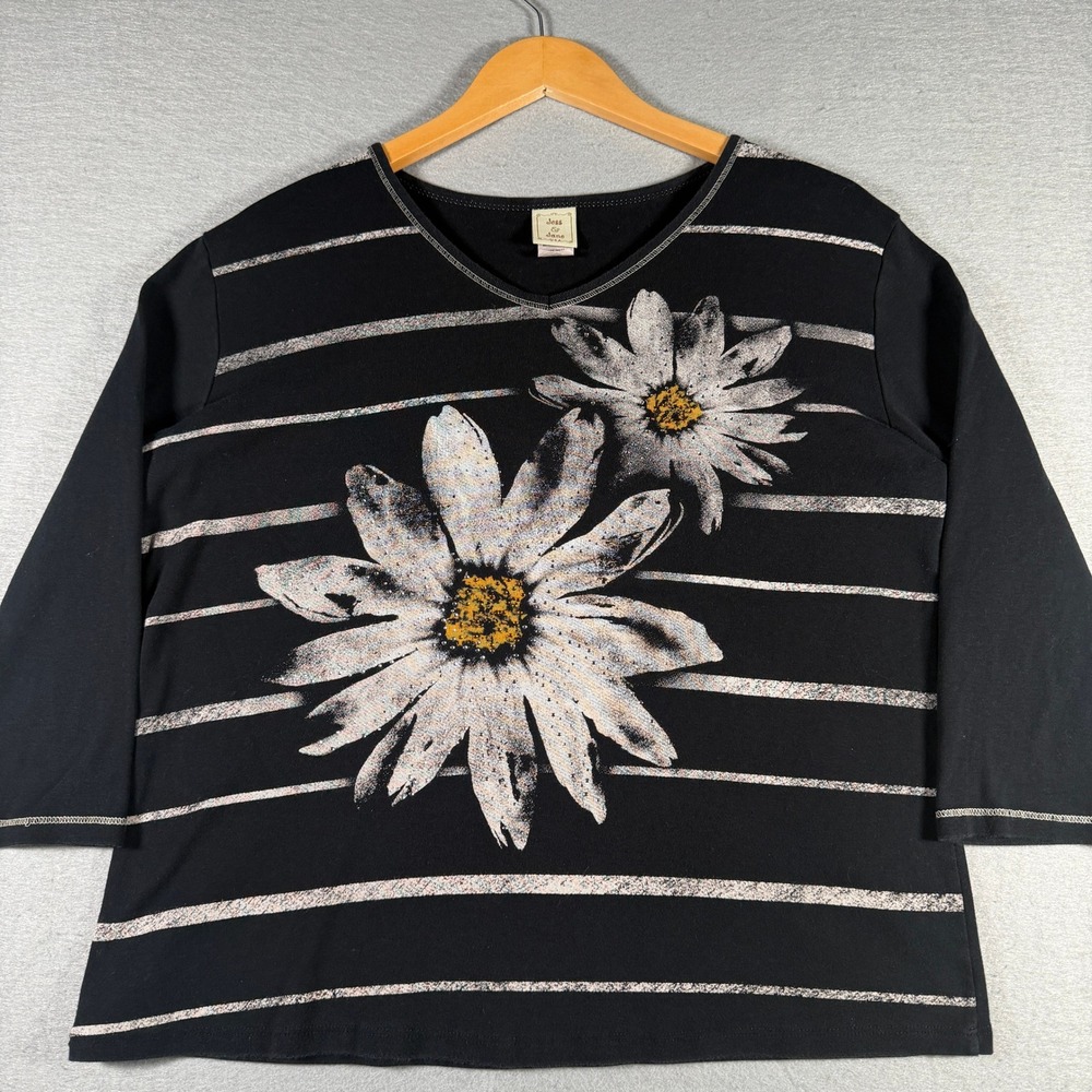 Jess & Jane Womens Daisy Graphic Stripe Rhinestone‎ V-Neck 3/4 Sleeve Top Large